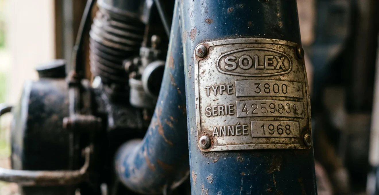 Gros plan sur une plaque d'identification constructeur en aluminium patiné rivetée sur le cadre tubulaire d'un Solex ancien, mentions gravées 'SOLEX' et numéro de série partiellement visibles