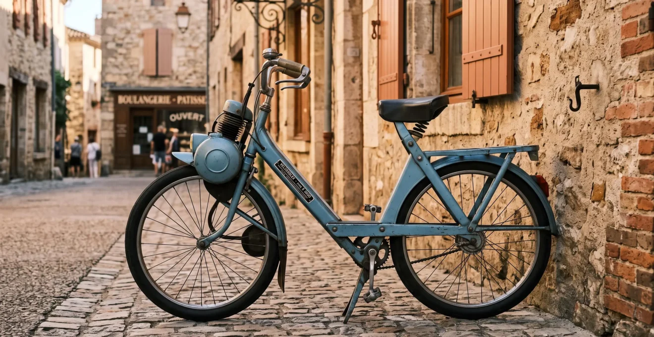 Solex vintage de couleur beige stationné le long d'un trottoir pavé devant une façade en pierre typiquement française, lumière dorée de fin d'après-midi