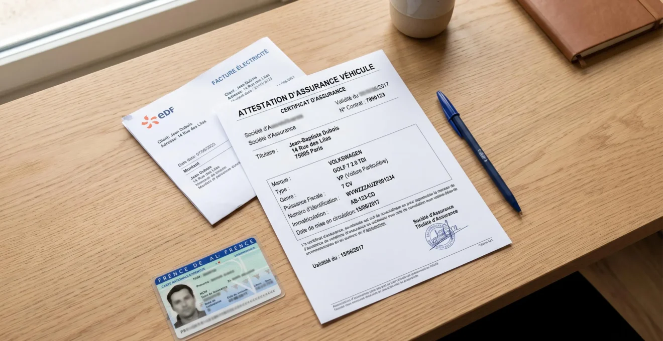 Vue du dessus d'un bureau avec une attestation d'assurance détaillée française pour véhicule au centre, entourée d'une pièce d'identité et d'un justificatif de domicile, lumière naturelle